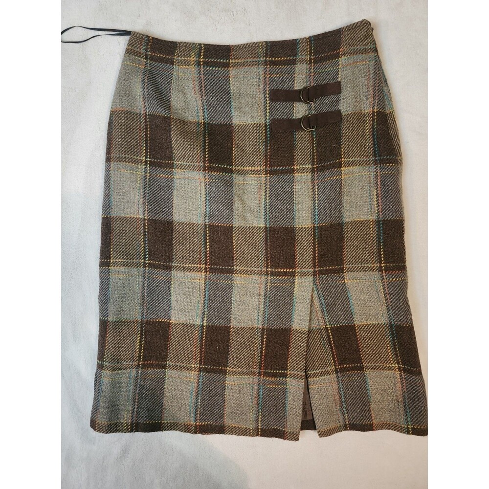 VTG DJ & Company Plaid Tweed Skirt Womens Size 4 Brown Grey Slit Buckle Accent
